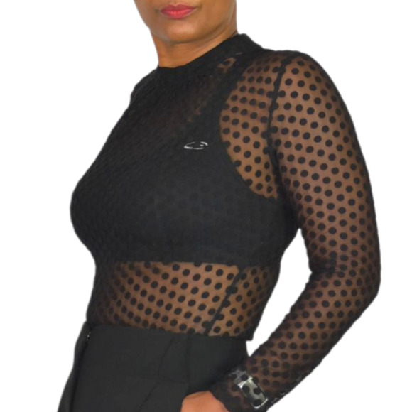 Windsor Sheer Bodysuit Black Flocked Polka Dot Mock Mesh Neck Long Sleeves Small - Picture 3 of 15